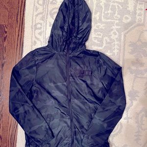 Uni-sex Burn Boot Camp black tonal camo full zip jacket rain hoodie. New